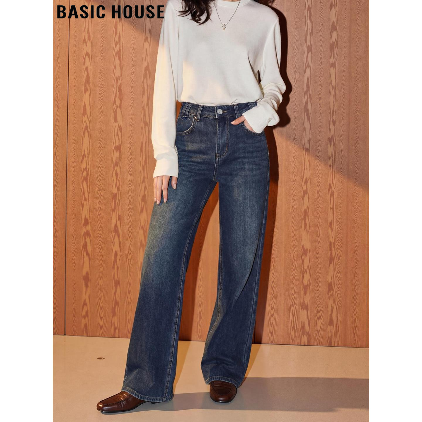 Basic House/百家好复古蓝色直筒牛仔裤女2026春季新款窄版阔腿裤