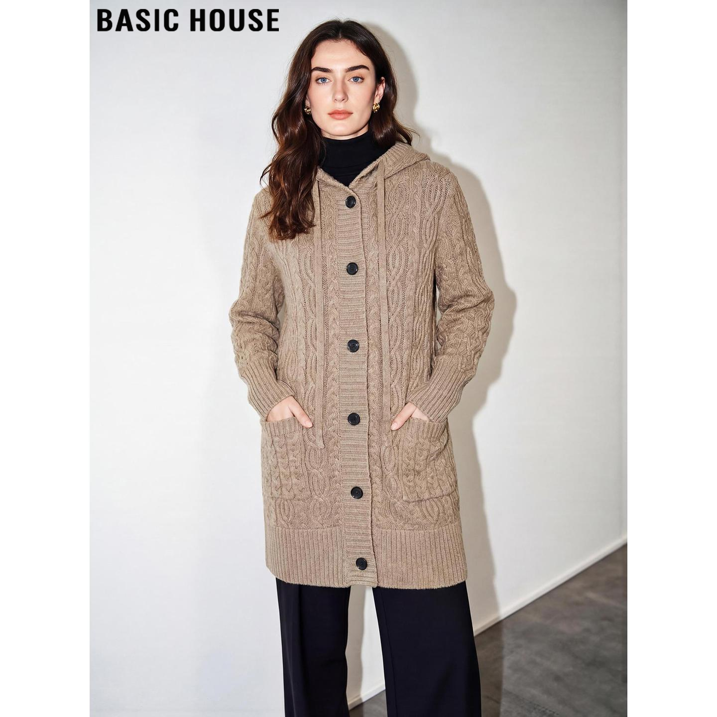 羊毛连帽针织开衫中长款毛衣外套