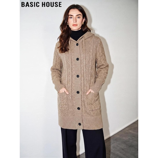 Basic House/百家好羊毛连帽针织开衫女冬季高级感中长款毛衣外套
