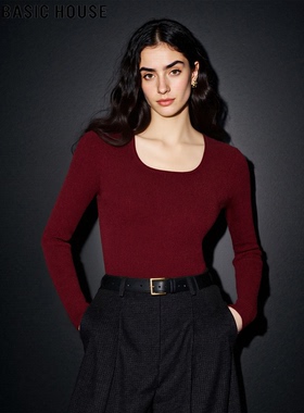 Basic House/百家好红色方领针织衫女士2026春季简约修身内搭上衣