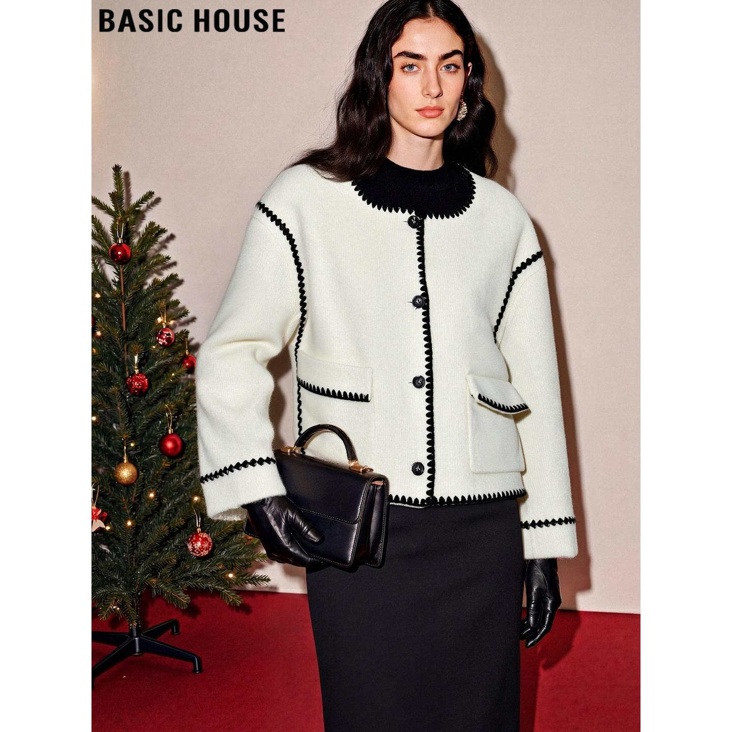 Basic House/百家好撞色圆领毛呢外套女冬季小香风双面羊毛呢大衣,女装/女士精品,毛呢外套,淘宝优惠券,粉丝福利购,淘宝优惠卷