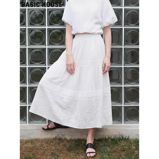 新款 百家好白色蕾丝拼接半身裙女2026春季 高腰中长裙 House Basic