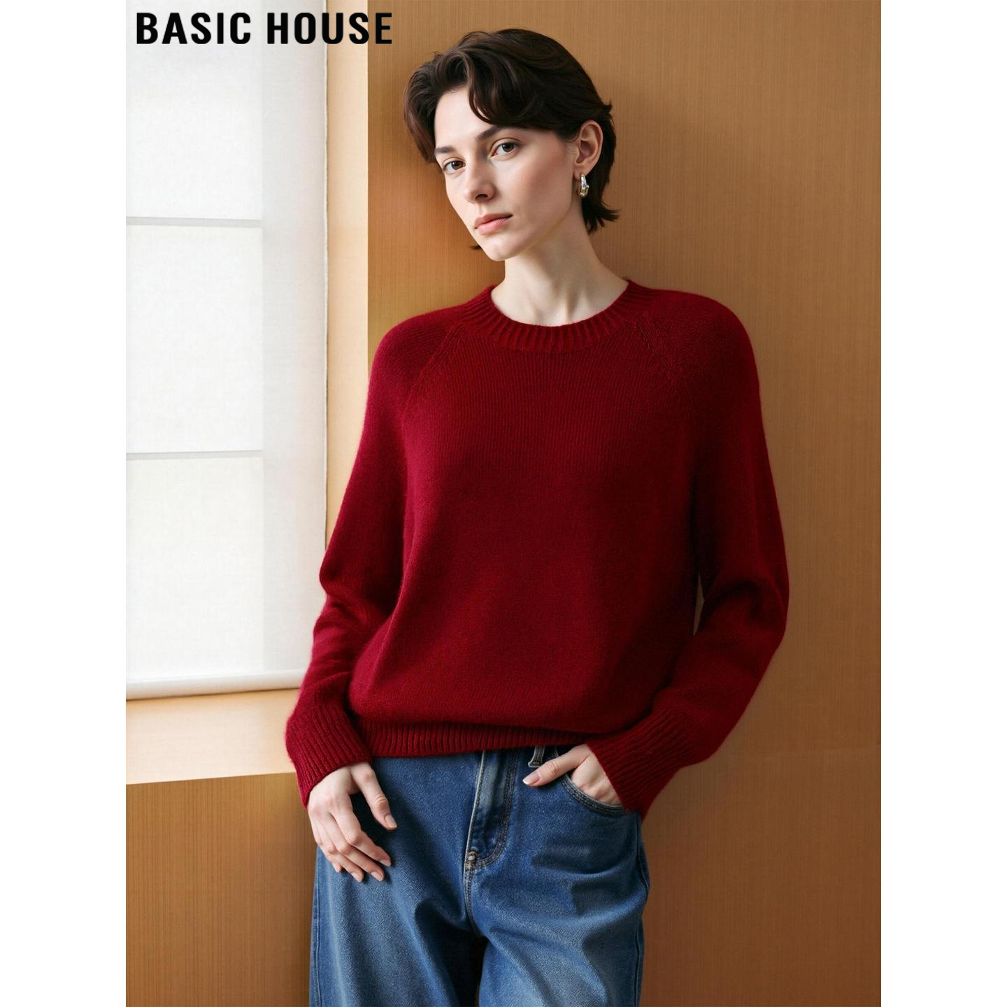 百家好100%羊毛红色加厚针织衫女