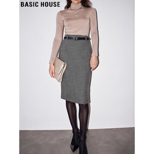 新款 Basic 半身裙女2026春季 百家好格纹西装 通勤高腰包臀裙 House