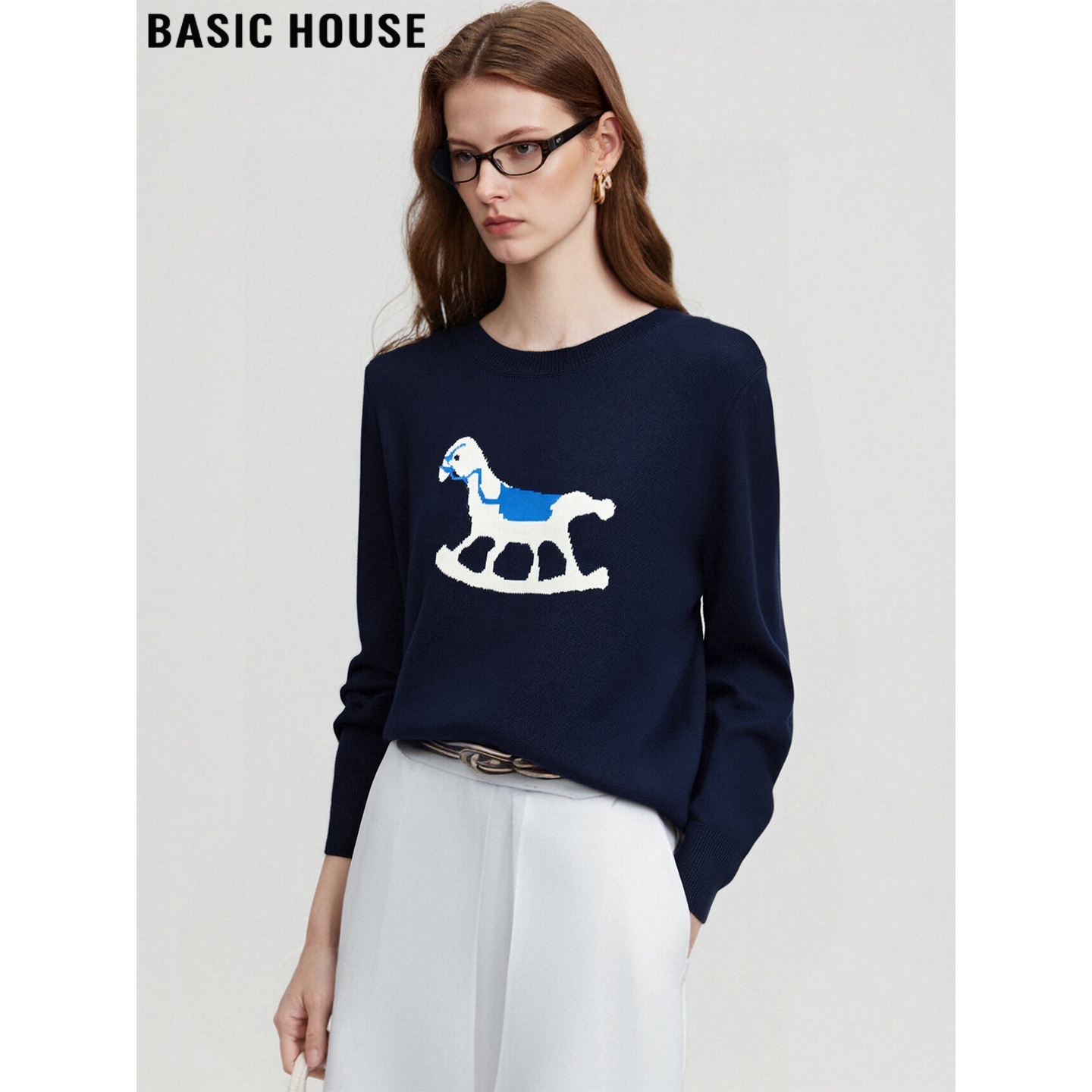 百家好含羊毛藏蓝色毛衣女外搭