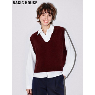 House 女春季 百家好红色针织马甲无袖 两件套装 背心叠穿衬衫 Basic