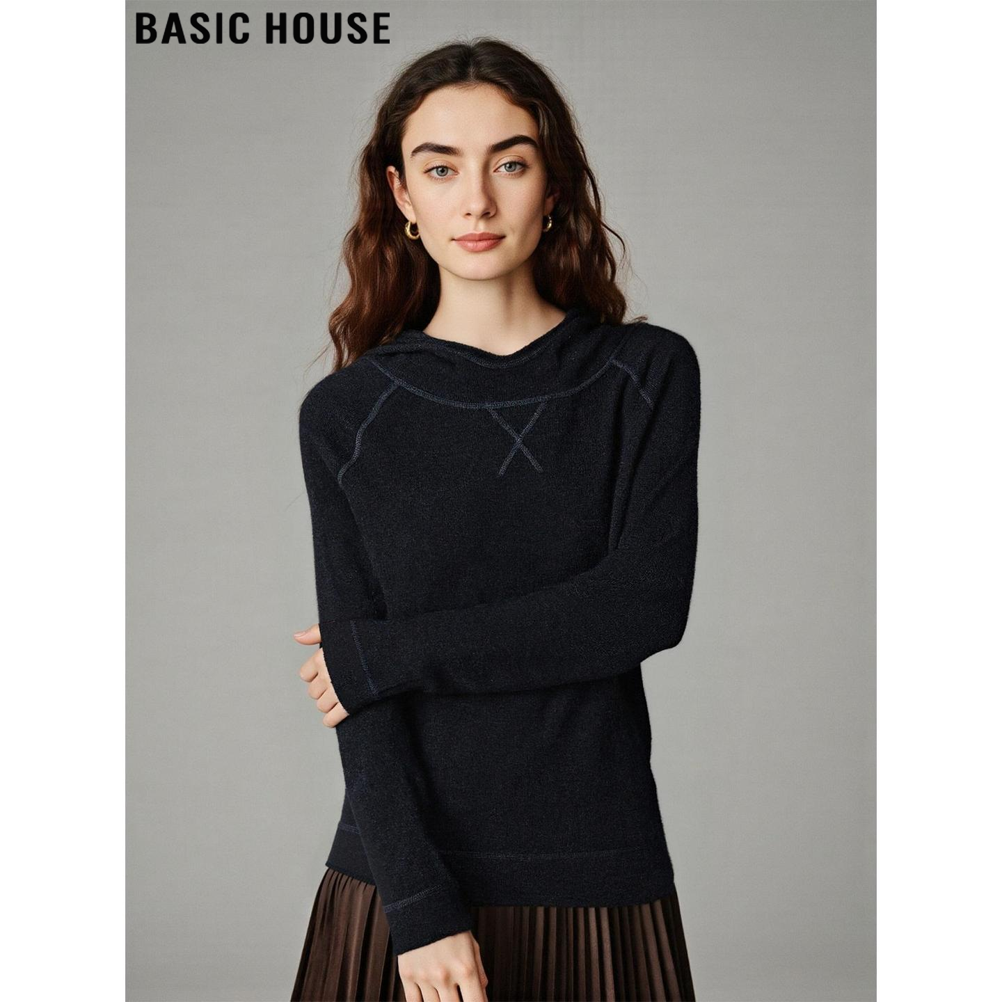 Basic House/百家好黑色针织衫女2026春季新款内搭软糯羊毛打底衫