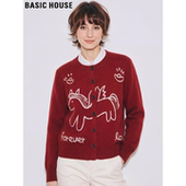 新款 Basic 女2026春季 百家好红色小马刺绣针织开衫 圆领毛衣 House