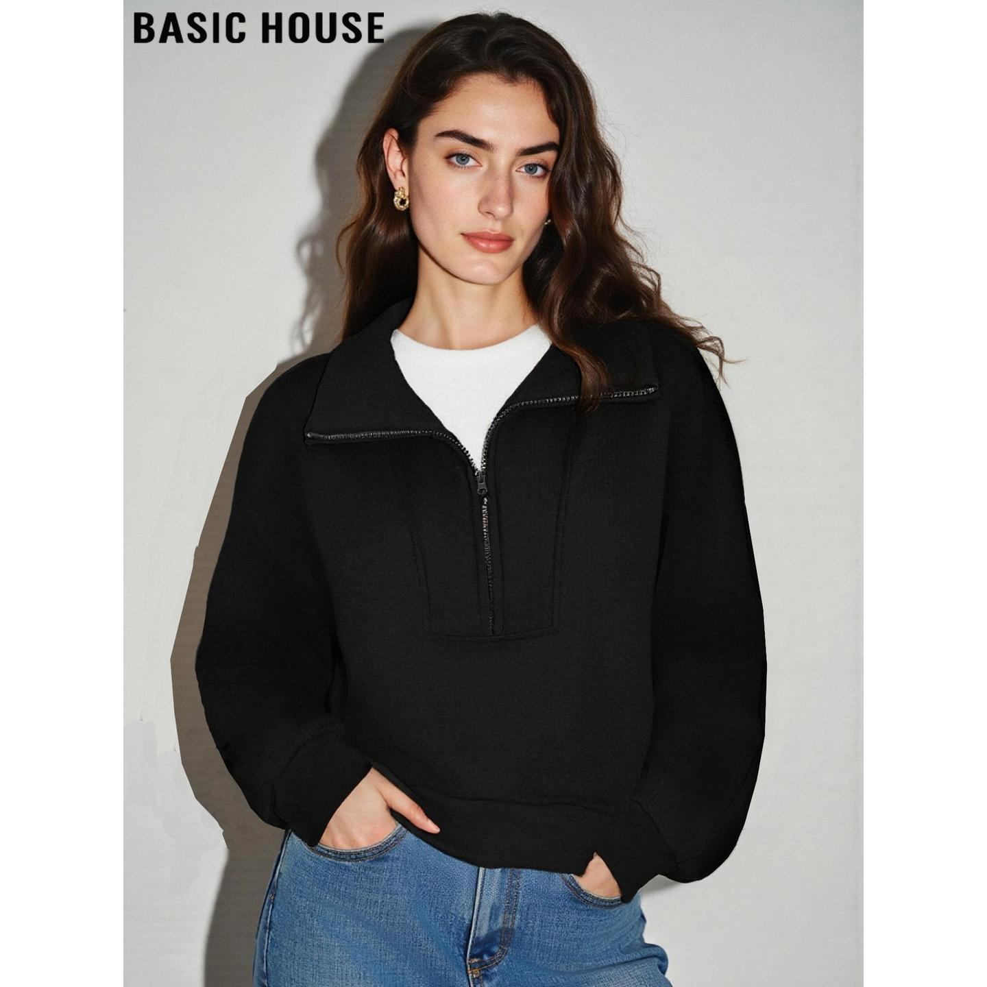 百家好黑色拉链半开领加厚卫衣女