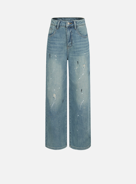 Basic House/百家好泼墨涂鸦蓝色直筒牛仔裤女士春季高腰阔腿长裤