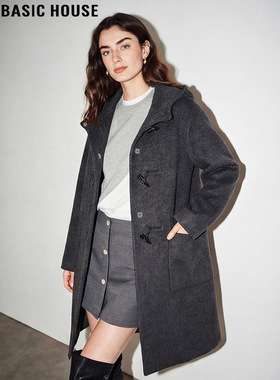 Basic House/百家好深灰色连帽毛呢外套女冬季长款过膝羊毛呢大衣