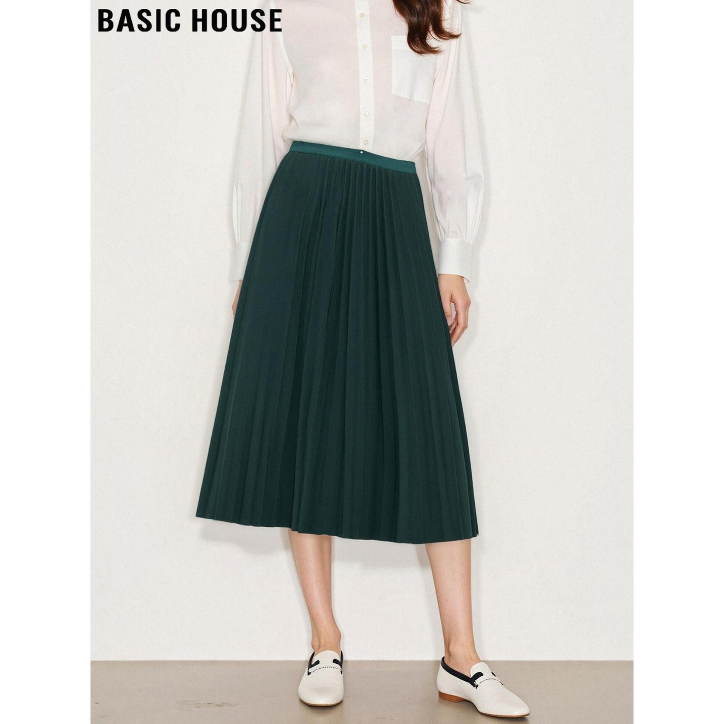 百家好墨绿色松紧腰百褶半身裙