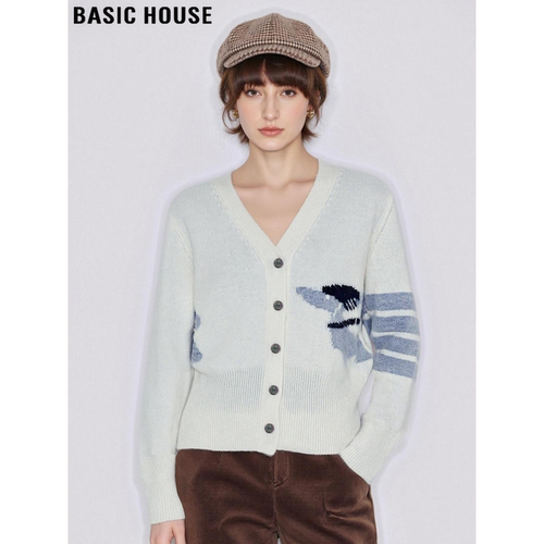 百家好白色V领提花软糯羊绒衫女