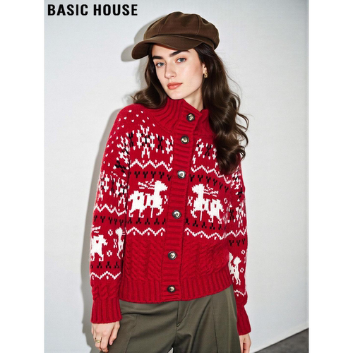 圣诞红提花高领羊绒针织毛衣外套