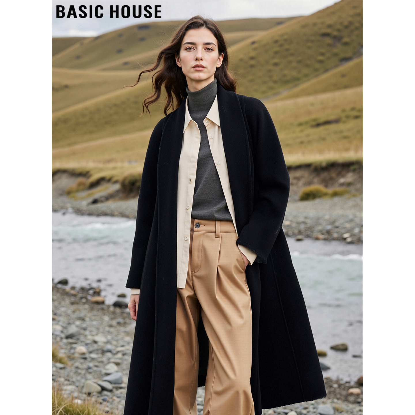 百家好黑色羊毛呢子加厚长款大衣