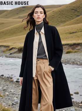 Basic House/百家好黑色羊毛呢子大衣女冬季长款过膝加厚毛呢外套
