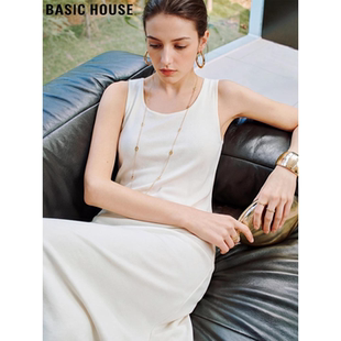 Basic House/百家好法式白色天丝无袖连衣裙女夏季长款打底背心裙