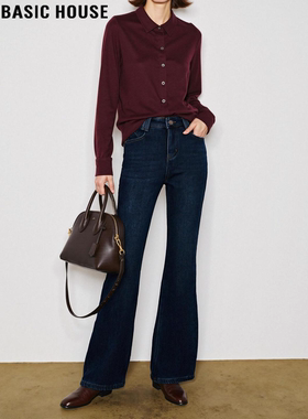 Basic House/百家好复古深蓝色高腰加绒微喇牛仔裤女冬季大码显瘦