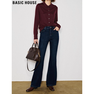 Basic House/百家好复古深蓝色高腰加绒微喇牛仔裤女冬季大码显瘦