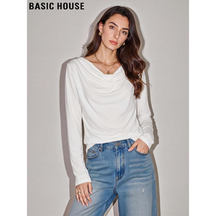 新款 Basic T恤女士2026春季 百家好白色荡领长袖 一字领上衣 House