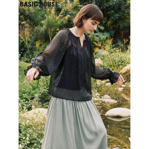 百家好重工烫钻灯笼袖流光纱衬衫