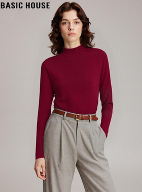 Basic House/百家好红色半高领针织打底衫女冬季加厚内搭修身毛衣