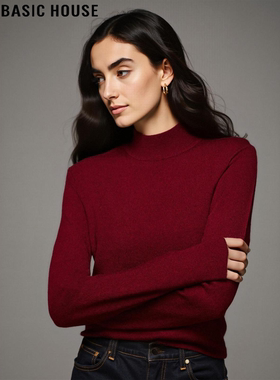 Basic House/百家好红色半高领针织打底衫女冬季修身软糯内搭上衣