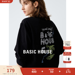 T恤女2024春季 Basic 百家好涂鸦印花长袖 新款 House 别致宽松上衣