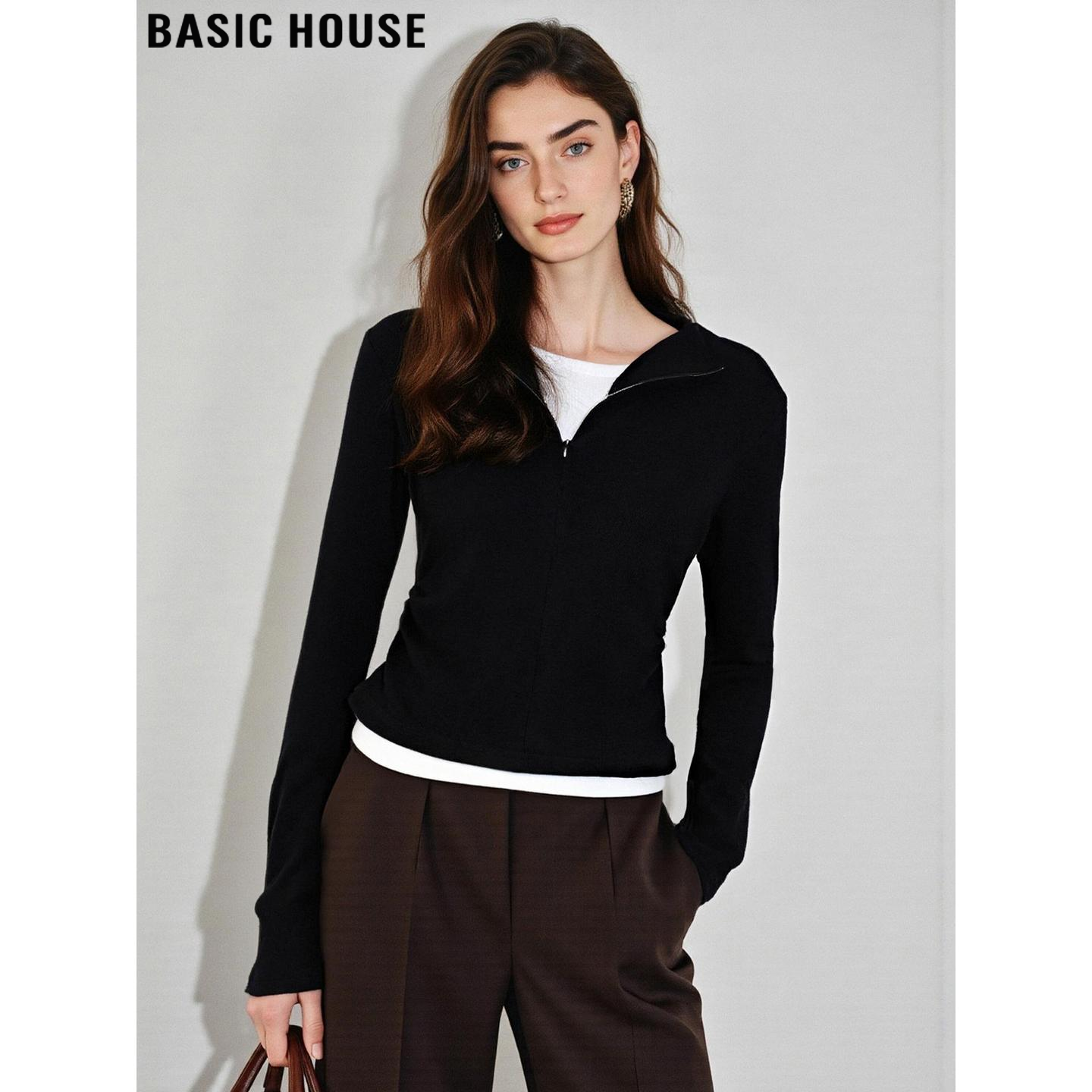 Basic House/百家好假两件半拉链T恤女2026春季新款设计修身上衣,女装/女士精品,T恤,淘宝优惠券,粉丝福利购,淘宝优惠卷