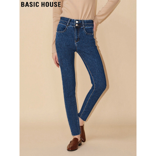 Basic House/百家好高腰修身加绒牛仔裤女2025冬季新款加厚铅笔裤