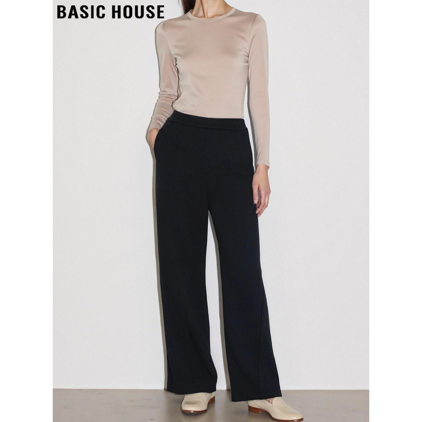 Basic House/百家好黑色直筒裤女2025冬季宽松垂感加厚保暖阔腿裤