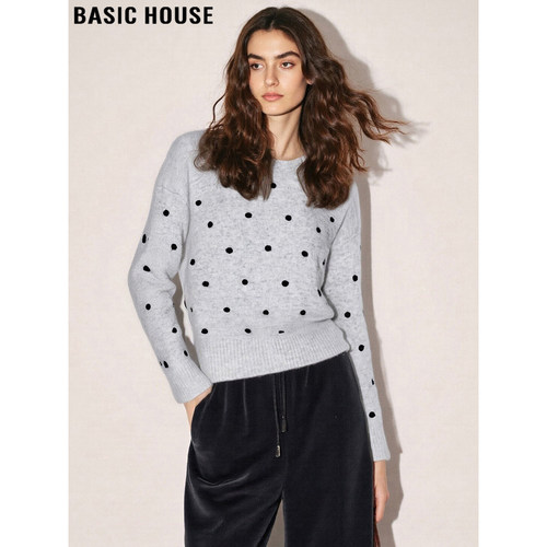 百家好波点软糯灰色毛衣女圆领