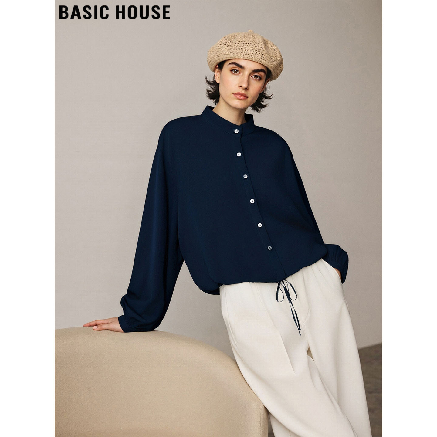 百家好法式复古蓝色立领长袖衬衫