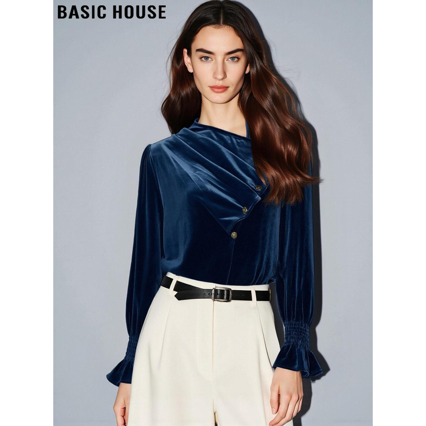 Basic House/百家好不规则丝绒衬衫女2026春季新款设计感长袖衬衣