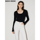 House 百家好黑色方领长袖 T恤女冬简约内搭上衣修身 Basic 打底衫