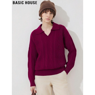Basic House/百家好红色翻领羊绒衫女冬季高级感软糯羊毛麻花毛衣