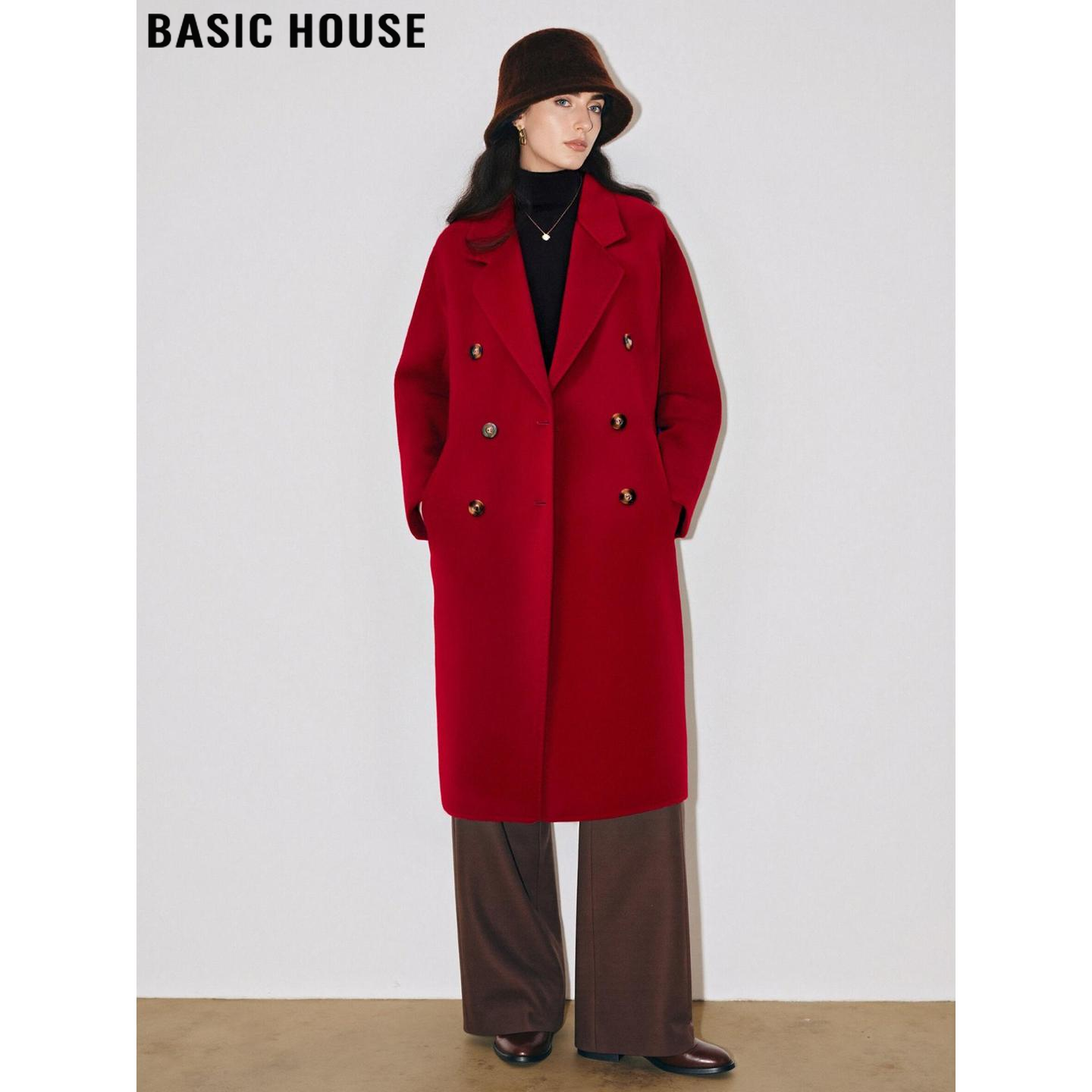 百家好红色双排扣双面羊毛呢大衣