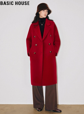 Basic House/百家好红色过年战袍双面羊毛呢大衣女冬过膝长款外套