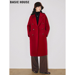 Basic House/百家好红色过年战袍双面羊毛呢大衣女冬过膝长款外套