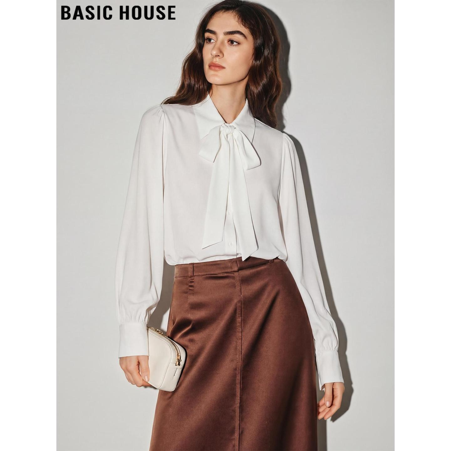 Basic House/百家好白色系带长袖衬衫女2026春季新款职业气质衬衣,女装/女士精品,衬衫,淘宝优惠券,粉丝福利购,淘宝优惠卷