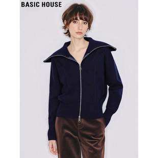 女春藏青色加厚毛衣 百家好设计感双拉链翻领针织开衫 Basic House
