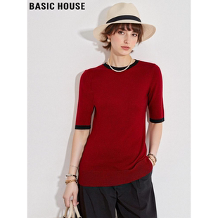 House 圆领半袖 百家好酒红色冰丝针织短袖 薄款 T恤 女士夏季 Basic