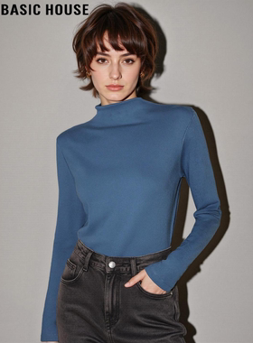 Basic House/百家好蓝色半高领打底衫女士冬季高级感弹力修身T恤