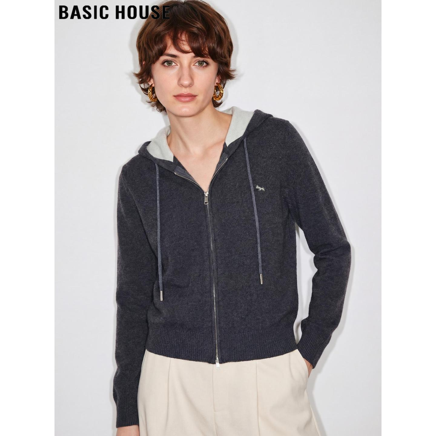 Basic House/百家好灰色连帽针织开衫女2026春季新款短款拉链外套,女装/女士精品,毛针织衫,淘宝优惠券,粉丝福利购,淘宝优惠卷