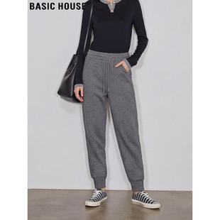 Basic House/百家好灰色束脚运动裤女冬季加绒高腰显瘦休闲卫裤子