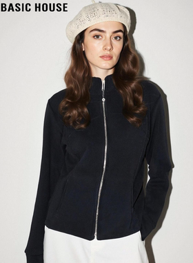 Basic House/百家好黑色立领拉链卫衣女2025冬季新款加厚内搭上衣