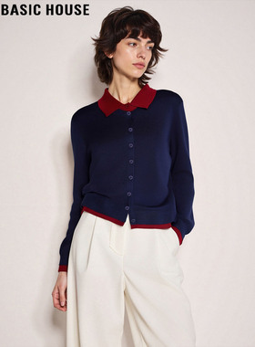 Basic House/百家好假两件撞色针织开衫女2025秋冬新款藏蓝色上衣
