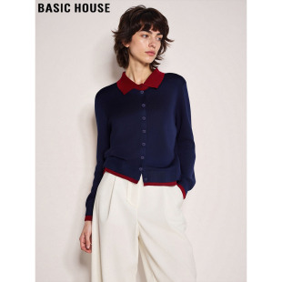 新款 Basic 女2026春季 百家好假两件撞色针织开衫 藏蓝色上衣 House