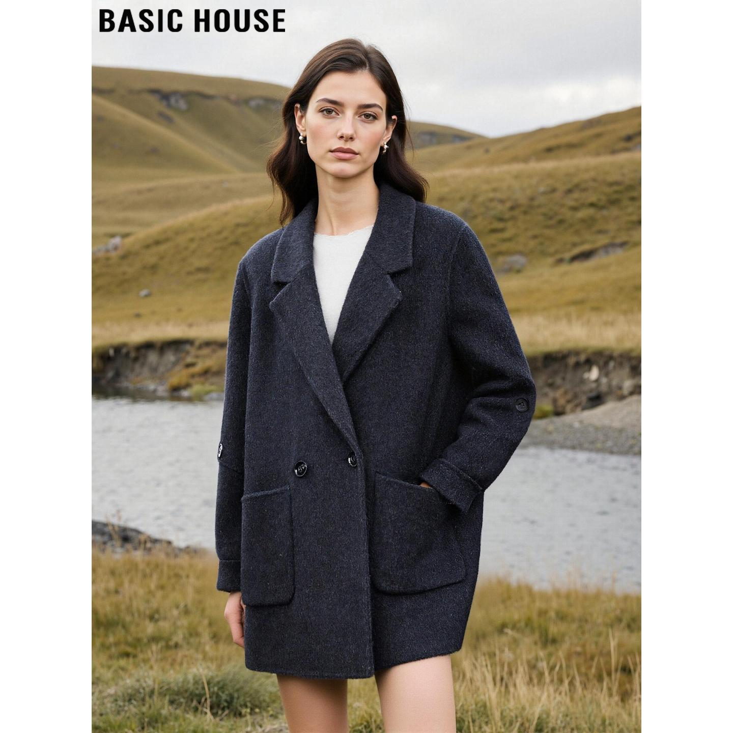 Basic House/百家好灰色双面毛呢外套女士冬季中长款羊毛呢子大衣,女装/女士精品,短外套,淘宝优惠券,粉丝福利购,淘宝优惠卷