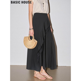 新款 百家好荷叶边拼接半身裙女2026春季 高腰A字长裙 House Basic